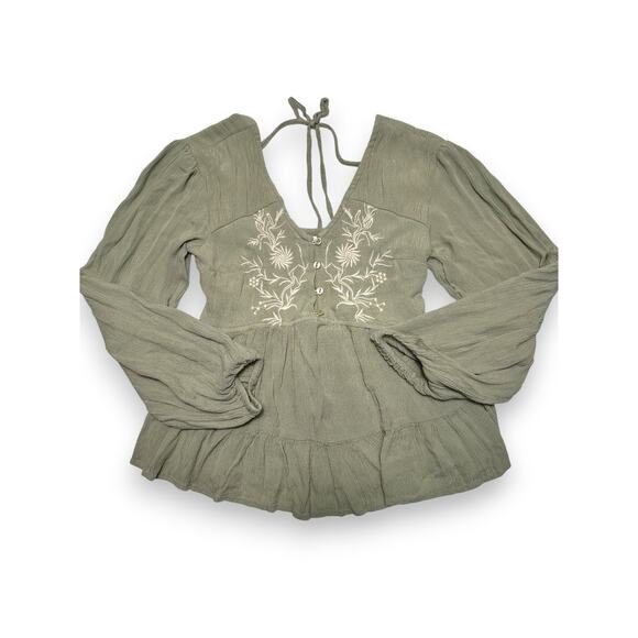 Japna Sage Green Floral Embroidery Ruffled Blouse Size Small - Picture 4 of 8